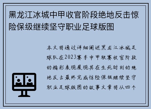黑龙江冰城中甲收官阶段绝地反击惊险保级继续坚守职业足球版图
